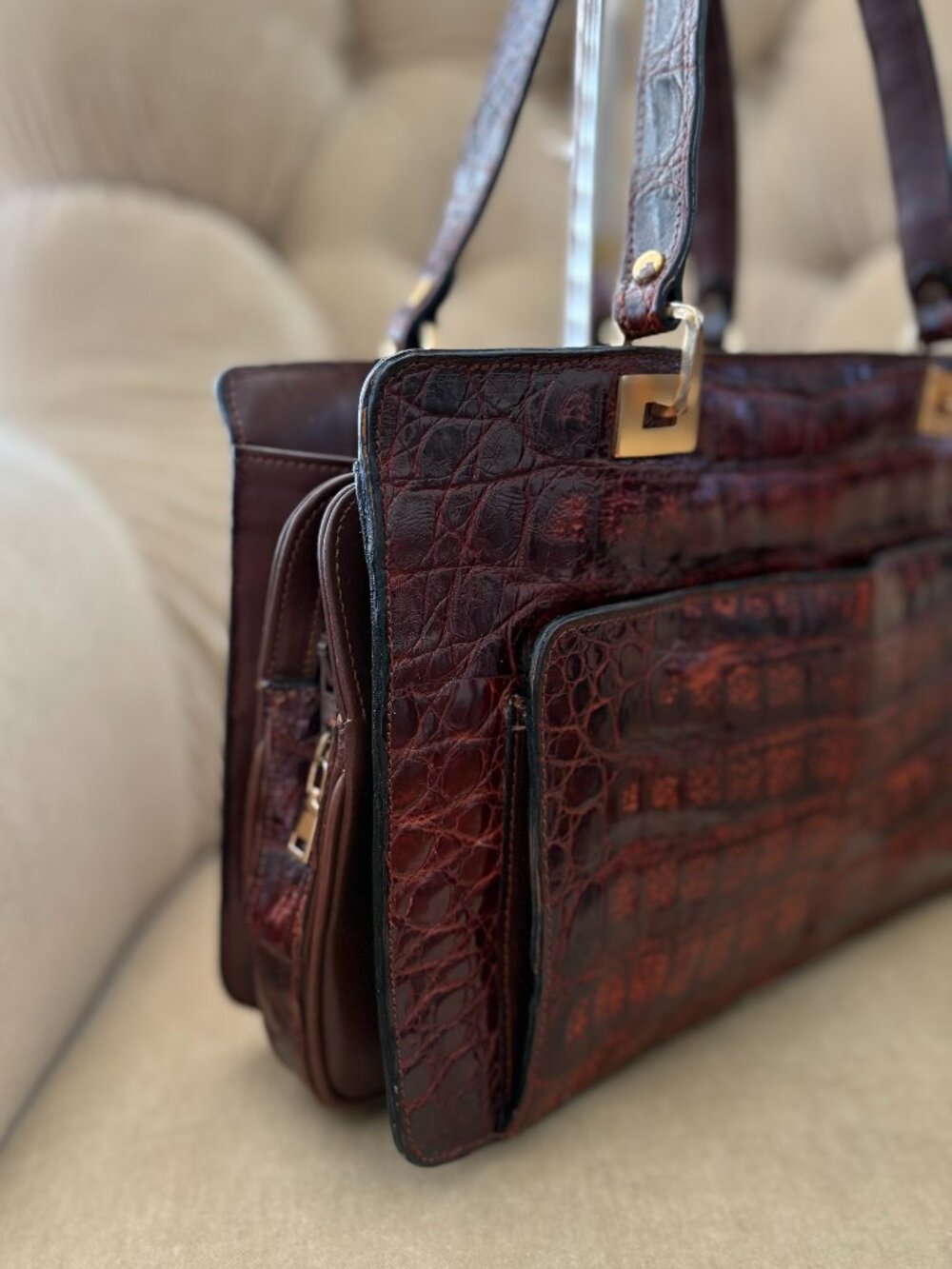 VTG Auth JORDAN MARSH Genuine Crocodile Circa 1960's Luxurious Brown Satchel Bag - Picture 3 of 8